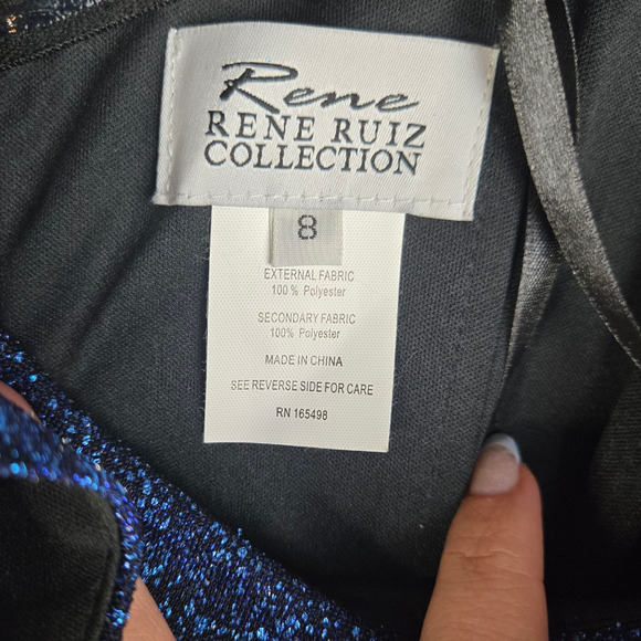 Rene Ruiz Collection Blue Black Off the Shoulder Tiered Ruffle Midi Dress Size 8 - Picture 9 of 13